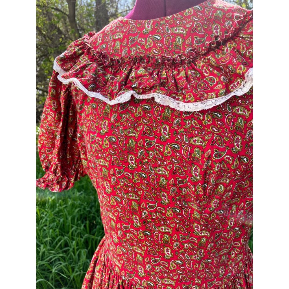 Vintage 1970s Peasant Maxi Dress Burgundy Cotton Paisley Flare - Picture 5 of 16